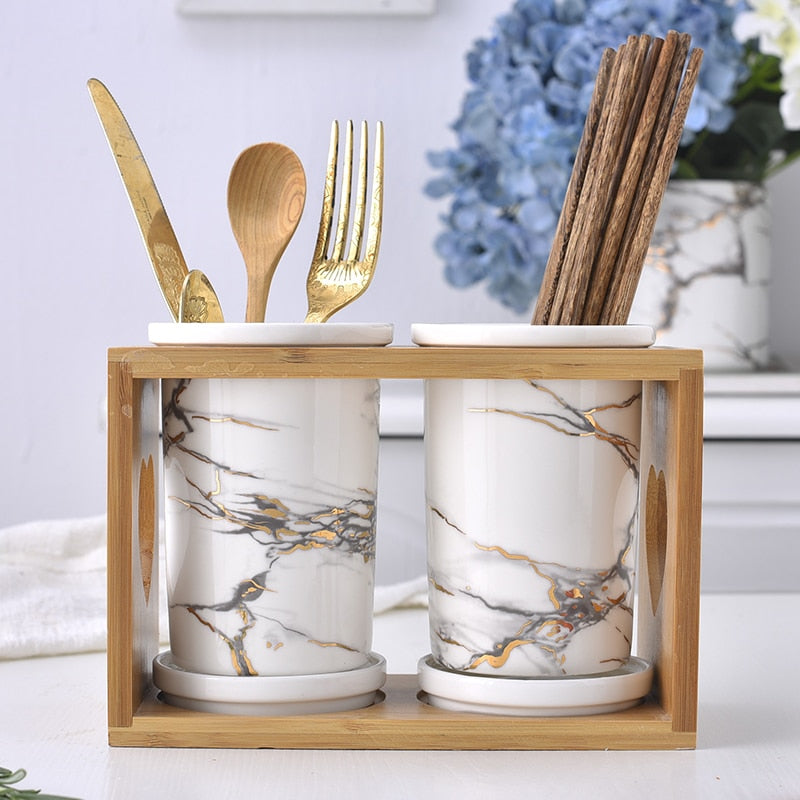 Wooden Holder Marble Texture Storage